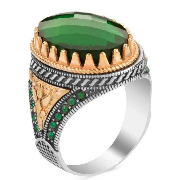Silver Faceted Cut Emerald Stone Mens Ring