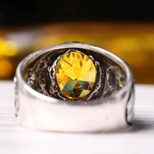 Silver Gazelle Style Yellow Citrine Stone Mens Ring