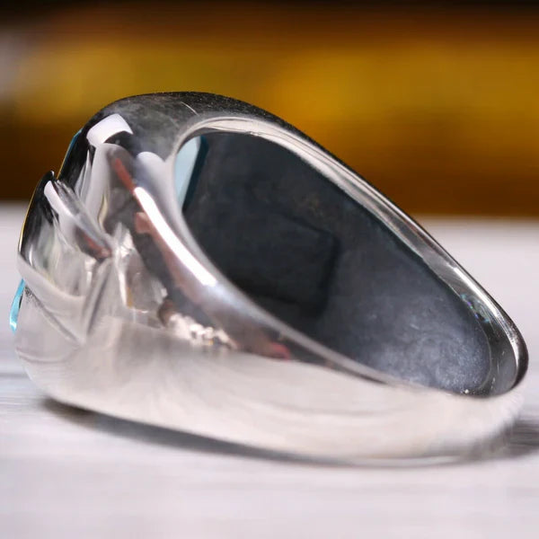 Silver New Luxury Aquamarine Stone Mens Ring