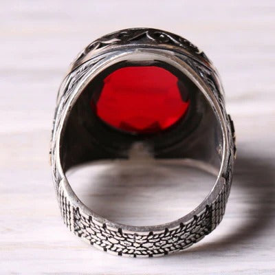 Silver Ottoman Red Ruby Stone Mens Ring