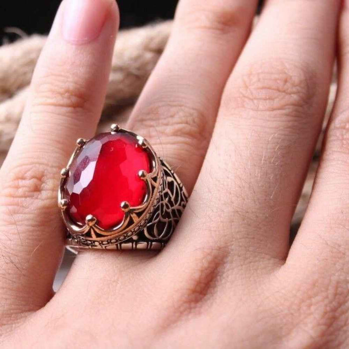Silver Ruby Stone King Crown Mens Ring