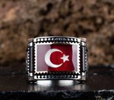 Crescent Star Red Mina Rectangle Cut Silver Ring No1