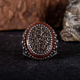Stoneless Design Oxidized Silver Ring With Red Frame