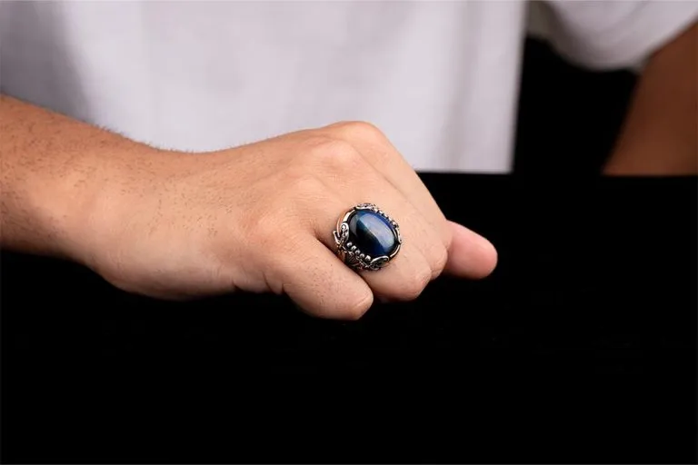 Blue Tiger Eye Crossed Sword Band Silver Ring