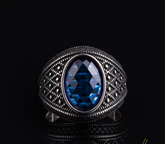 Micro Detailed Faceted Cut Blue Zircon Silver Ring
