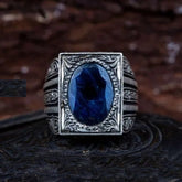 Blue Sapphire Rectangle Hand Engraved Men Ring