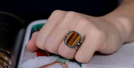 Brown Tiger Eye Rectangle Spear Silver Ring