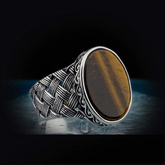 Oval Tiger’s Eye Knitted Silver Men Ring