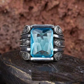 Rectangle Aqua Blue Zircon Hand Engraved