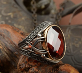 Red Zircon Stone Silver Ring with Double Swords Figure