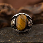 Classy Gentle Tiger’s Eye Men Ring With Coat of Arms