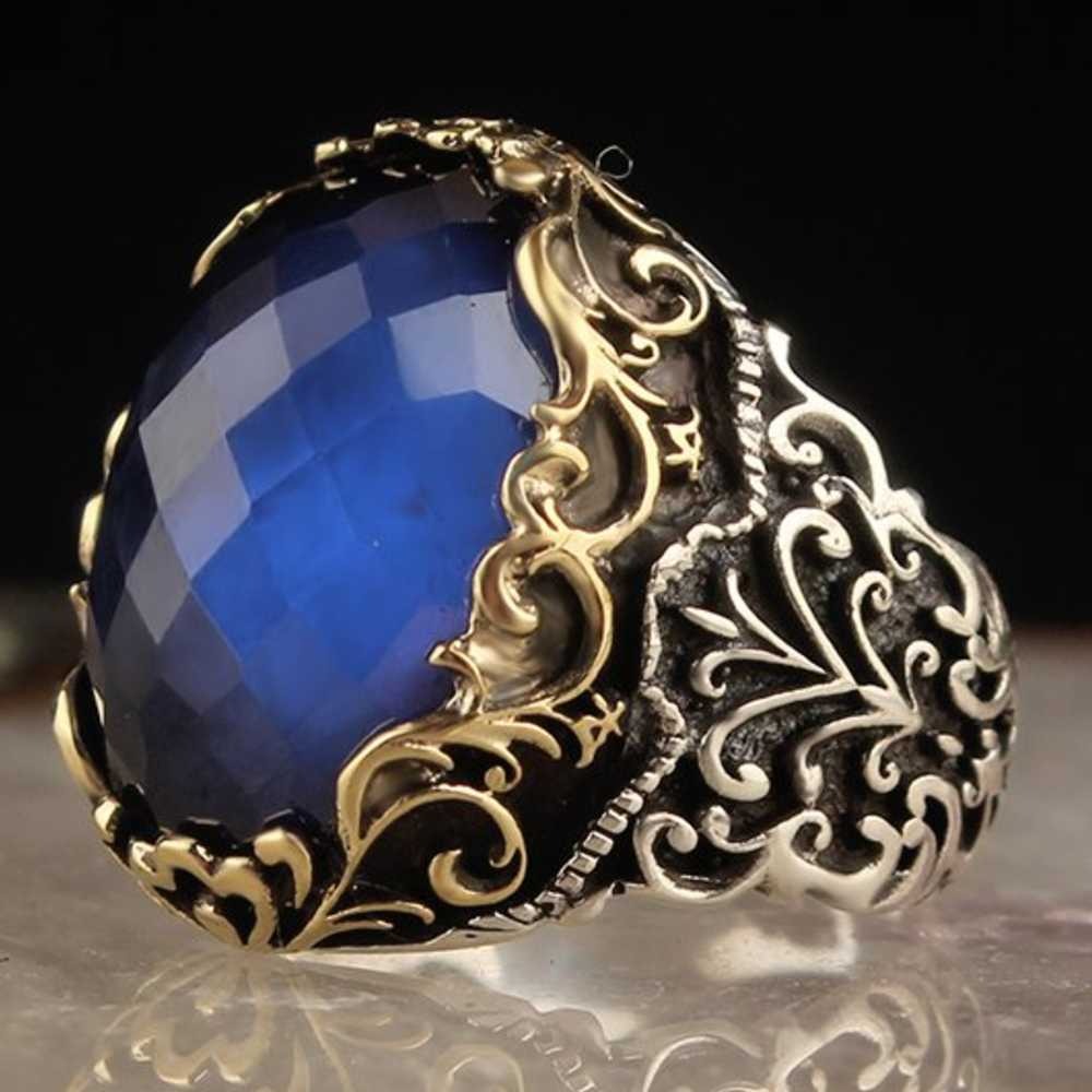 Brilliant Sapphire Stone Silver Excellent Cut Mens Ring