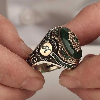 Customizable Special Silver Emerald Stone Heavy Mens Ring