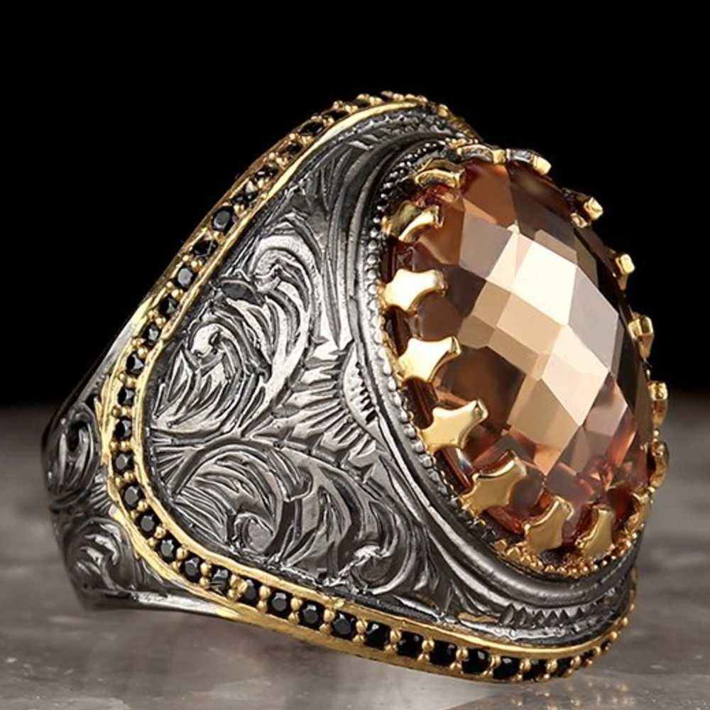 Faceted Citrine Silver Original Stone Mens Ring