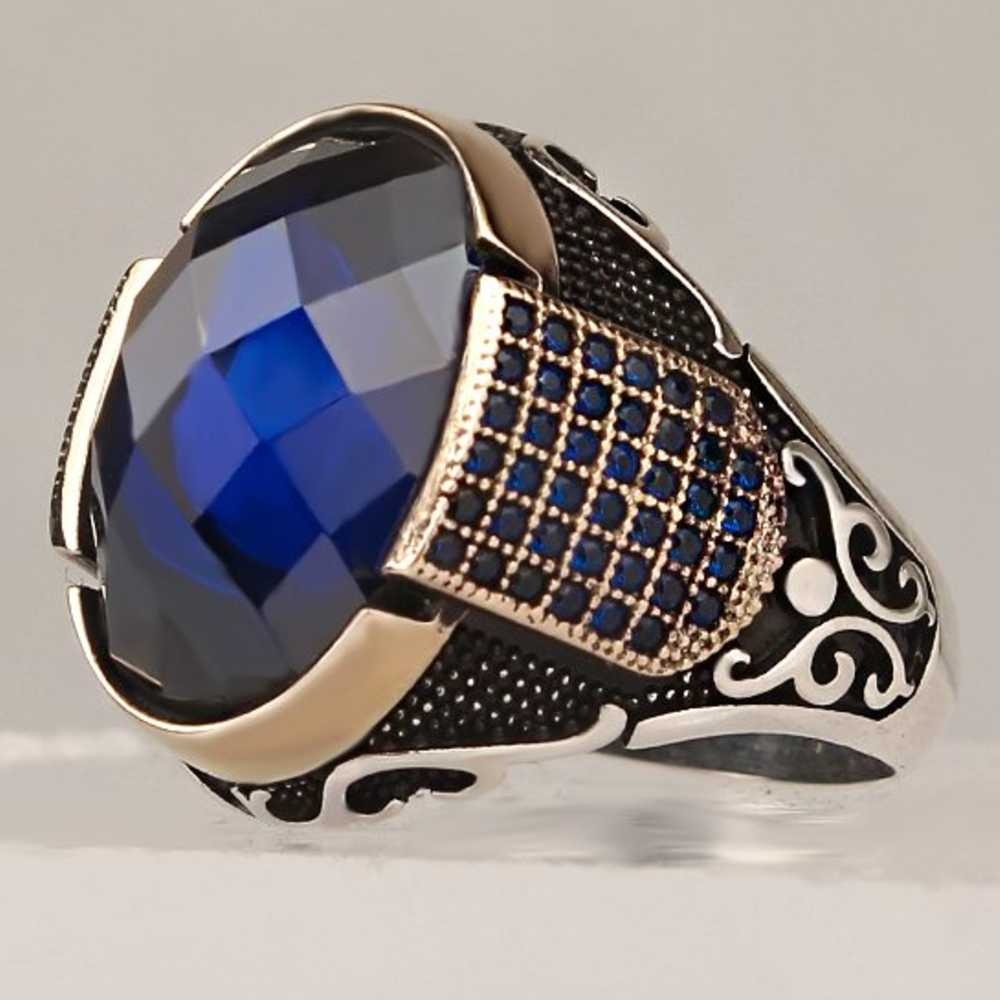 Gorgeous Blue Facet Sapphire Stone Silver Mens Ring