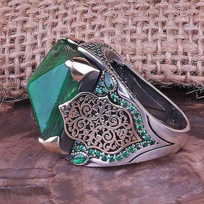 Green Silver Amber Stone Ring for Men