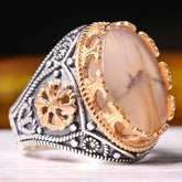Handmade 925 Sterling Full Natural Yemeni Agate Aqeeq Mens Ring