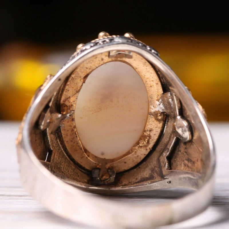 Handmade SilverNatural Yemeni Agate Aqeeq Mens Ring