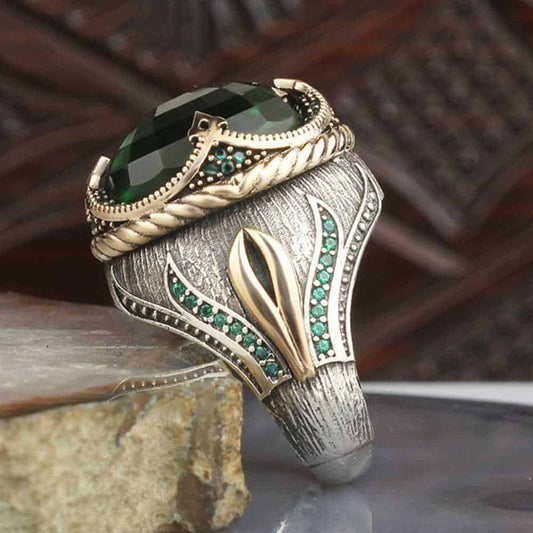 Handmade Silver Drop Emerald Stone Mens Ring