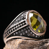 Handmade 925 Sterling Silver Faceted Peridot CZ Stone Mens Ring