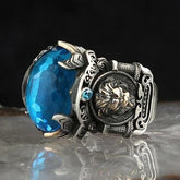 Handmade 925 Sterling Silver Lion Aquamarine Stone Mens Ring