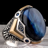 Handmade Blue Tigers Eye Elegant Design 925 Sterling Silver Mens Ring