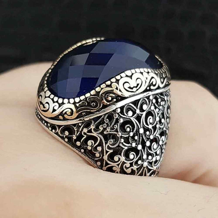 Handmade Facet Sapphire Stone Silver Polite Mens Ring