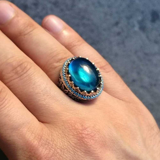 Hq Excellent Cut Silver Aquamarine Stone Mens Ring