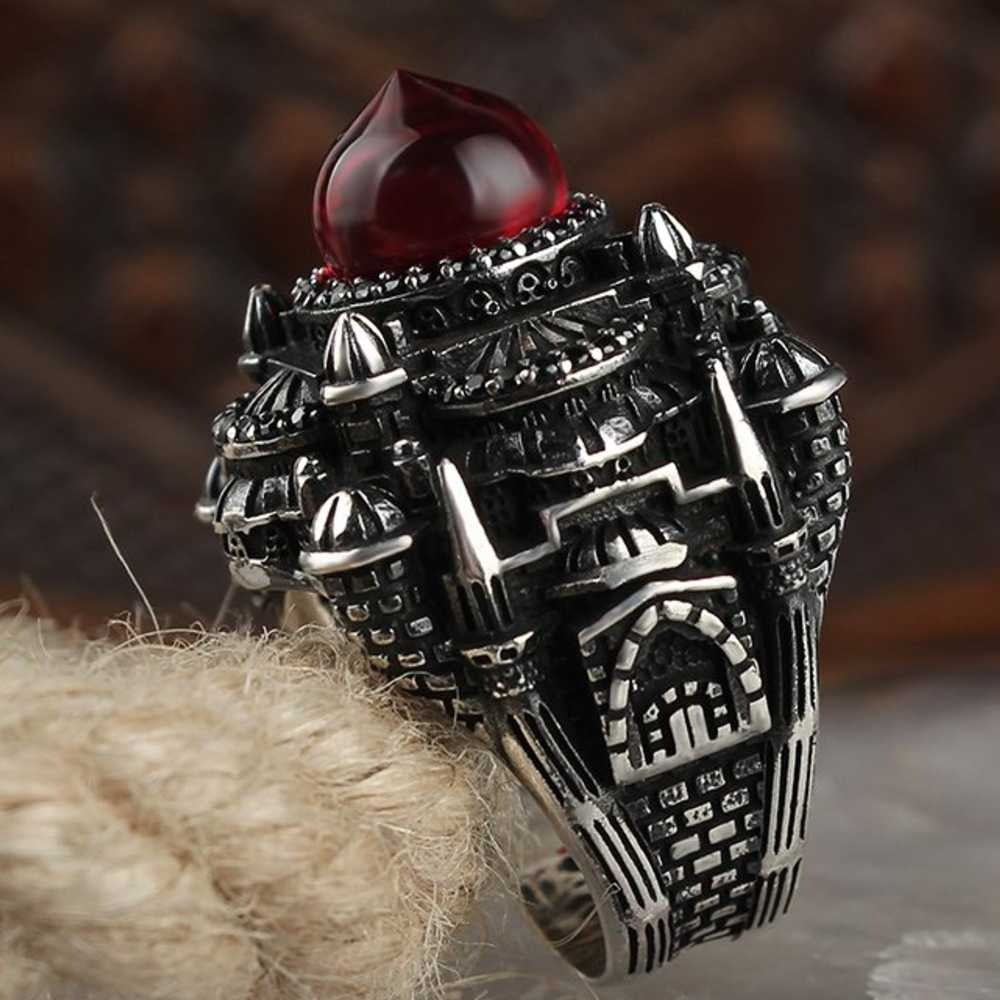 Islamic Mosque Design Ruby Silver Mens Ring