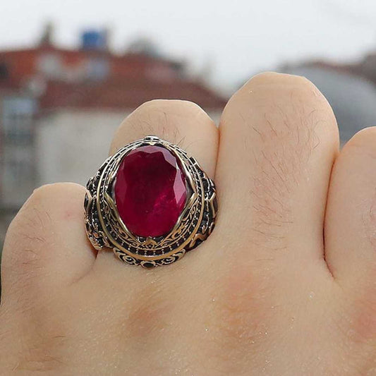 Luxury Cut Ruby and Onyx Multi Stone Silver Ring for Men