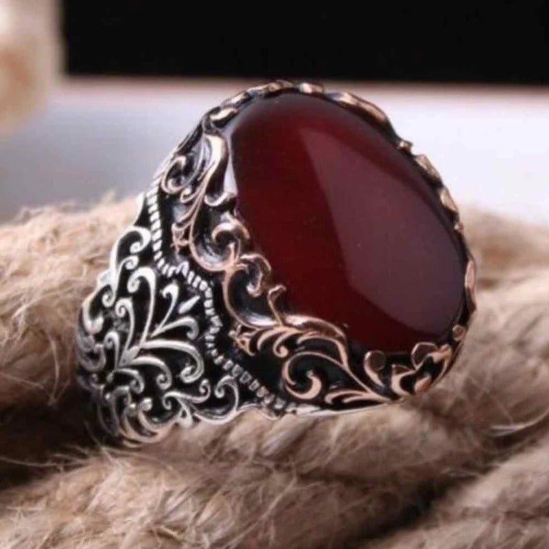 Most Popular Red Agate Style Silver Mens Ring