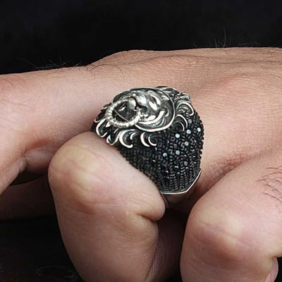 Multi Black Onyx Stone Lion Style Silver Mens Ring