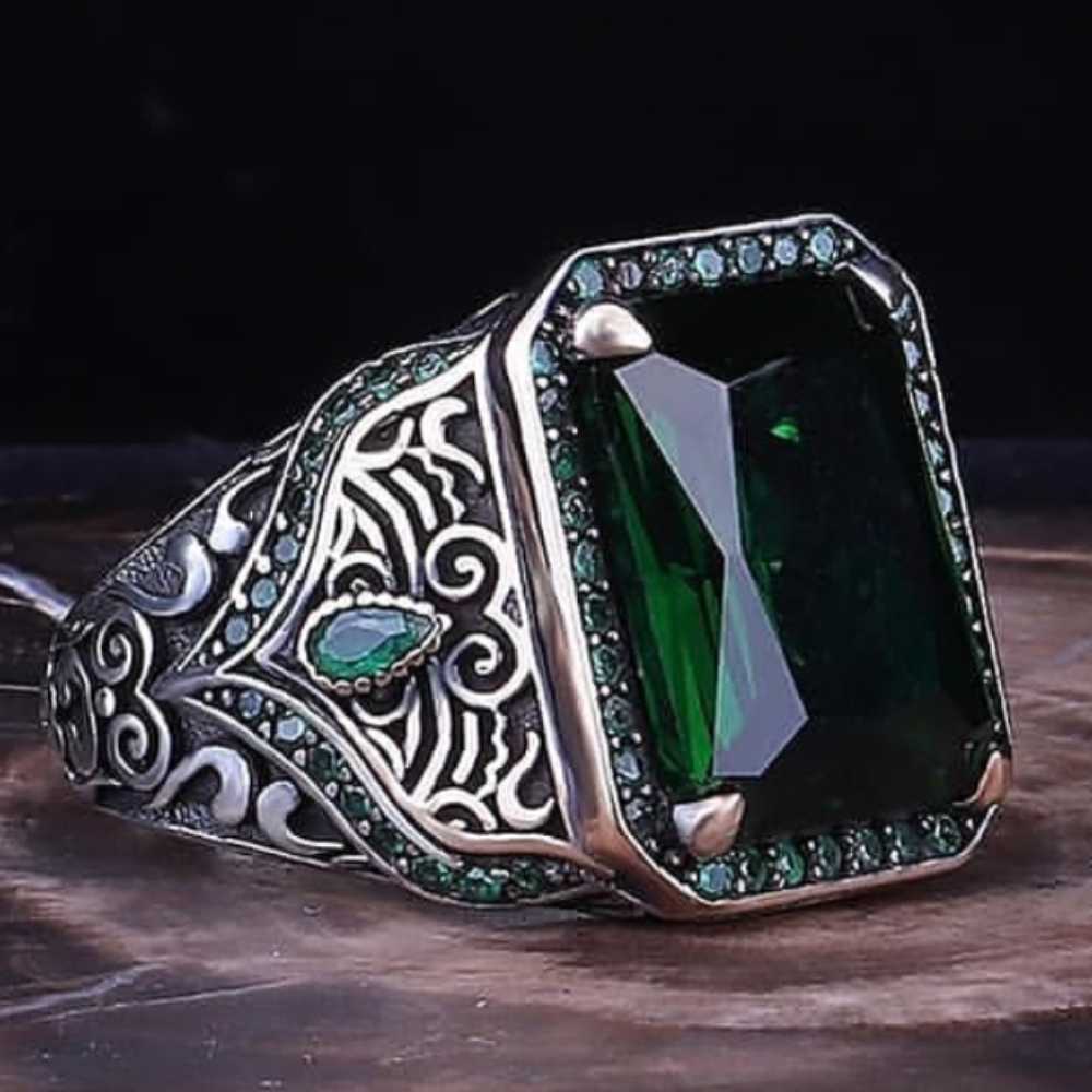 Stylish Green Emerald Stone Silver Mens Ring