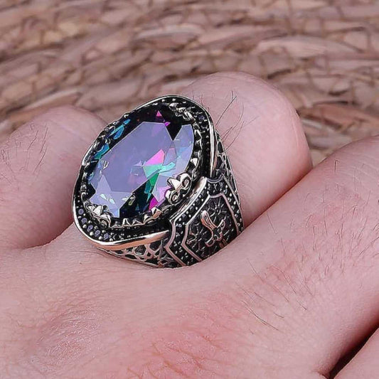Sword Style Mystic Topaz Handmade Silver Mens Ring