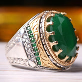 Turkish 925 Sterling Silver Multi Green Emerald Stone Mens Male Ring