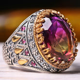Turkish 925 Sterling Silver Tourmaline Rainbow Ruby Stone Mens Ring