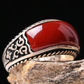 Turkish Handmade 925 Sterling Silver Fresh Agate Aqeeq Stone Mens Ring