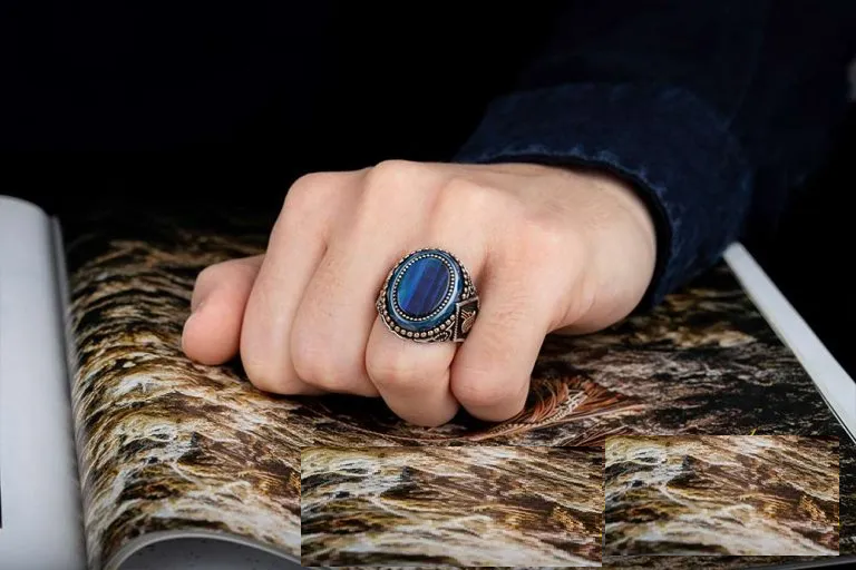 Oval Blue Tiger Eye Silver Ring With Tughra