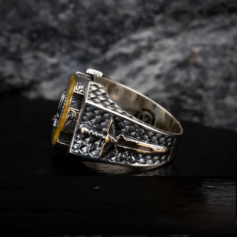 Tiger’s Eye Crossed Swords Design Spinner Ring With Sword Figure