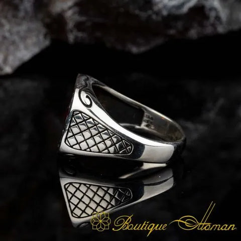 Single Red Zircon Rectangle Silver Ring