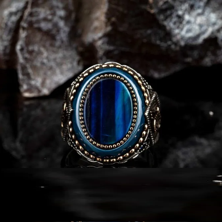 Oval Blue Tiger Eye Silver Ring With Tughra