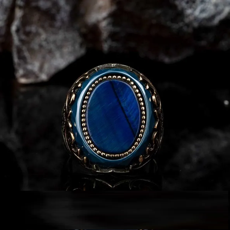 Oval Blue Tiger Eye Ornamented Silver Ring