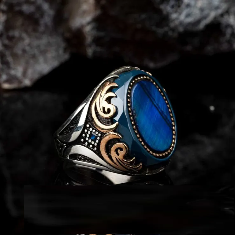 Oval Blue Tiger Eye Ornamented Silver Ring