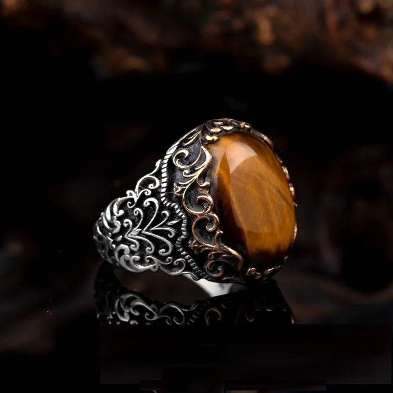 Brown Tiger Eye Oval Designer Silver Ring