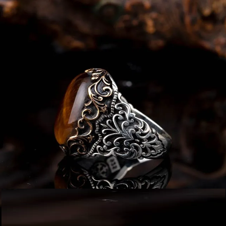 Brown Tiger Eye Oval Designer Silver Ring