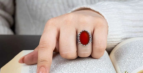 Red Yemeni Aqeeq D Shape Handcraft Women Ring