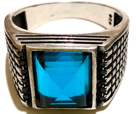 Turkish New Model Aquamarine Stone 925 Sterling Silver Mens Ring