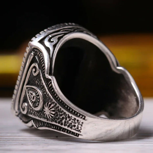 Silver Antique Black Onyx Stone Mens Ring