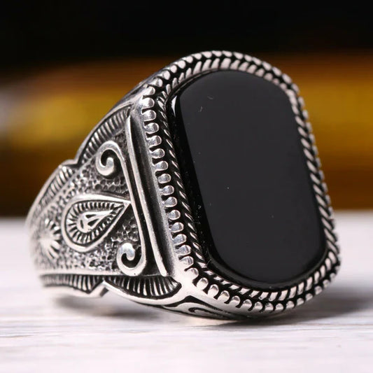 Silver Antique Black Onyx Stone Mens Ring