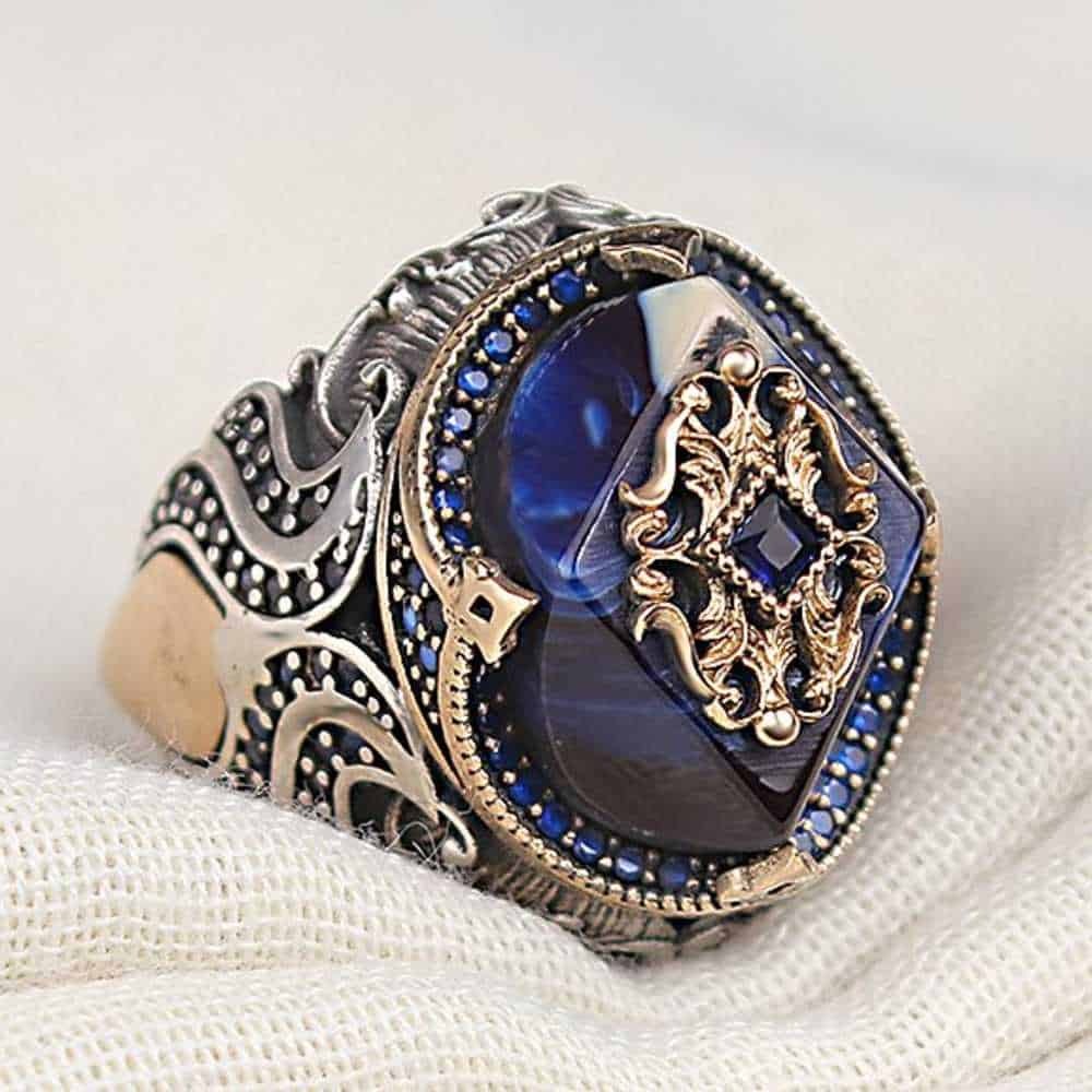 Silver Blue Amber Stone Mens Ring